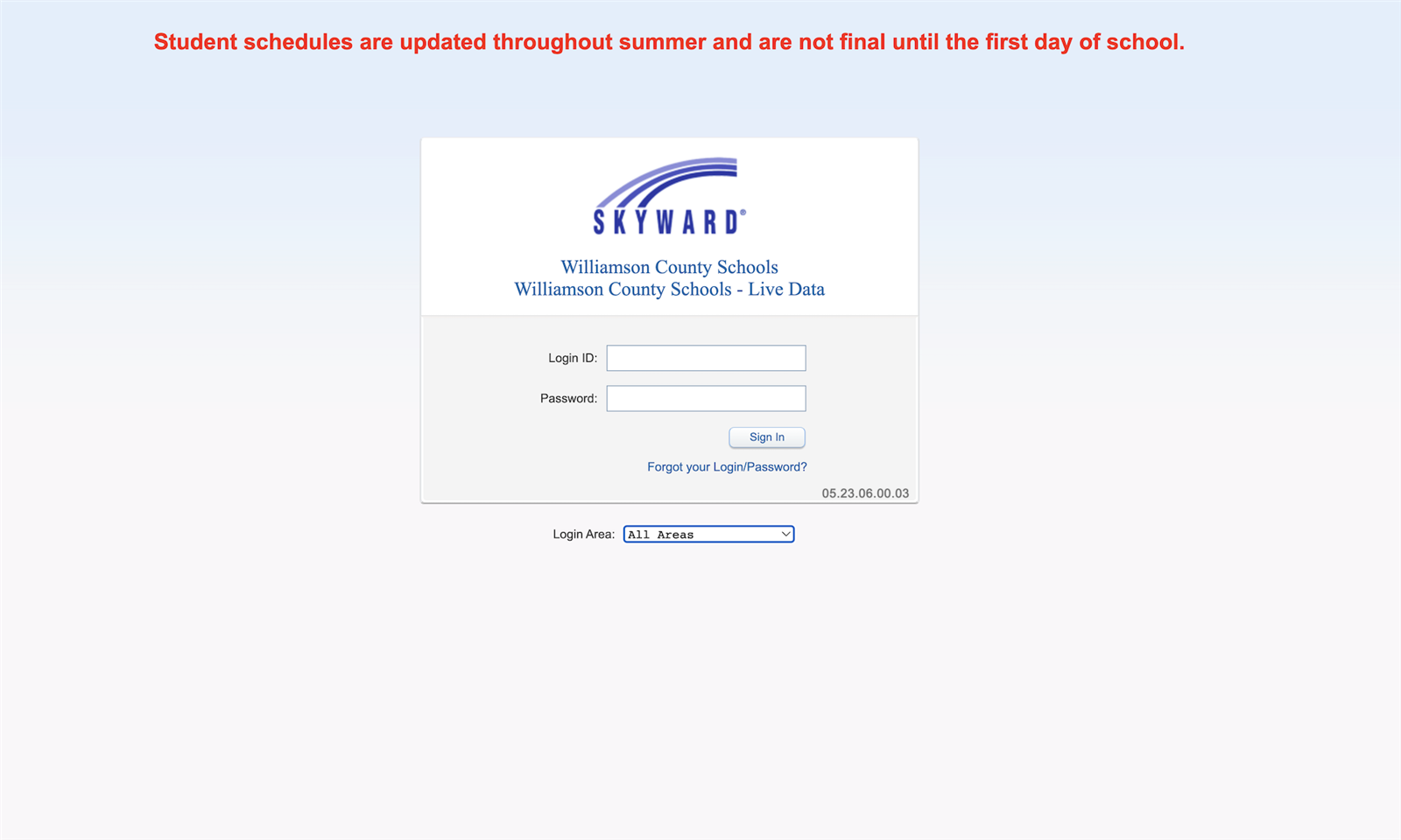 Skyward login screen